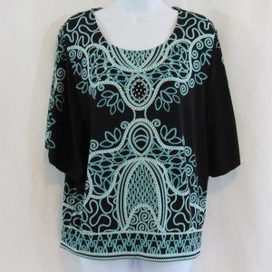 JM COLLECTION Women's Size M, Short Sleeve, Black, Blue Pullover stretch Top